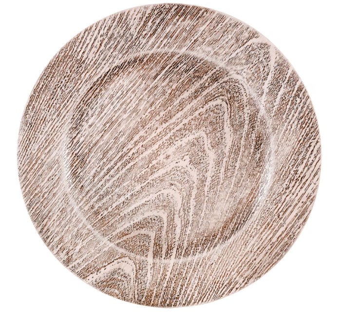 Gray Faux Wood Plastic Charger Plates, 13 in. - Allure Event Rentals
