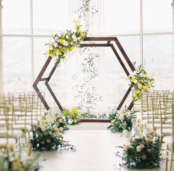 Dual Wooden Hexagon Frame Wedding Arch Backdrop, Ceremony Canopy Stand 7ftx8.5ft