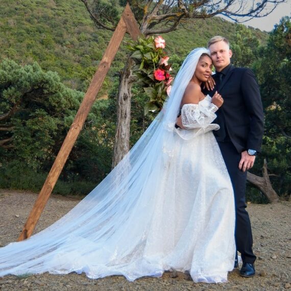 Wood Walnut Stained Geometric Wedding Arch