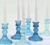 6-Pack Glass Taper Candlestick Holders 4" Diamond Pattern Design Assorted Blue