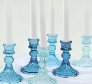 6-Pack Glass Taper Candlestick Holders 4" Diamond Pattern Design Assorted Blue