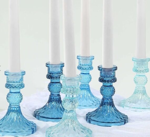 6-Pack Glass Taper Candlestick Holders 4" Diamond Pattern Design Assorted Blue