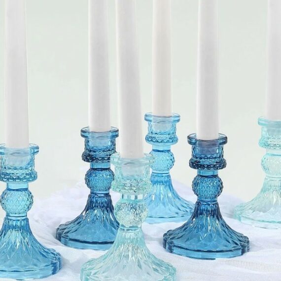 6-Pack Glass Taper Candlestick Holders 4" Diamond Pattern Design Assorted Blue
