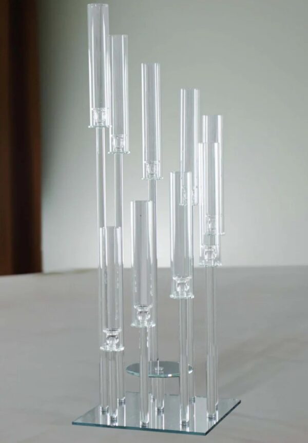9-Arm Crystal Glass Cluster Candelabra Pedestal Stand 4ft - Square Hurricane Taper Candle Holder Table Centerpiece