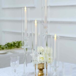 Set of 4 Crystal Glass Hurricane Taper Candle Holders, Clear Cylinder Chimney Tubes - Decorative Tall Candle Stands 14", 18", 22", 26"