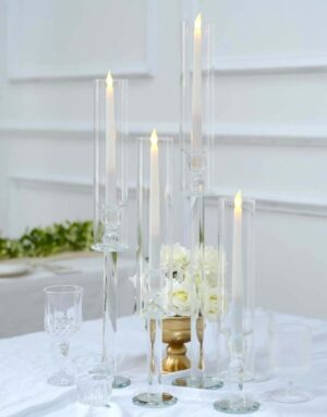 Set of 4 Crystal Glass Hurricane Taper Candle Holders, Clear Cylinder Chimney Tubes - Decorative Tall Candle Stands 14", 18", 22", 26"
