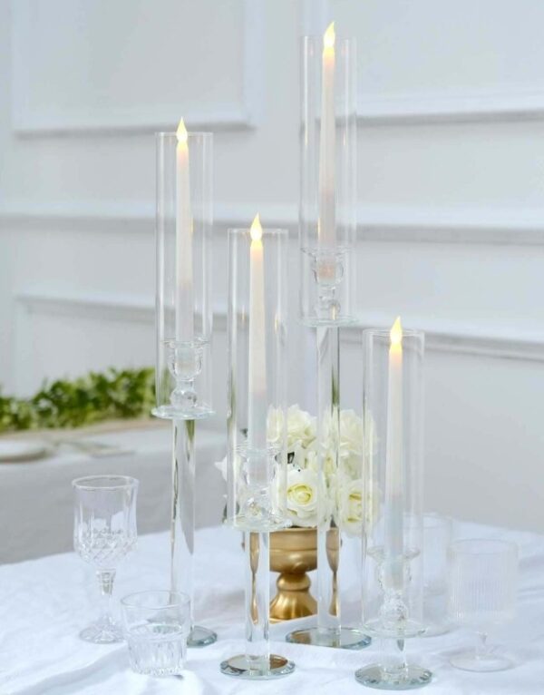 Set of 4 Crystal Glass Hurricane Taper Candle Holders, Clear Cylinder Chimney Tubes - Decorative Tall Candle Stands 14", 18", 22", 26"