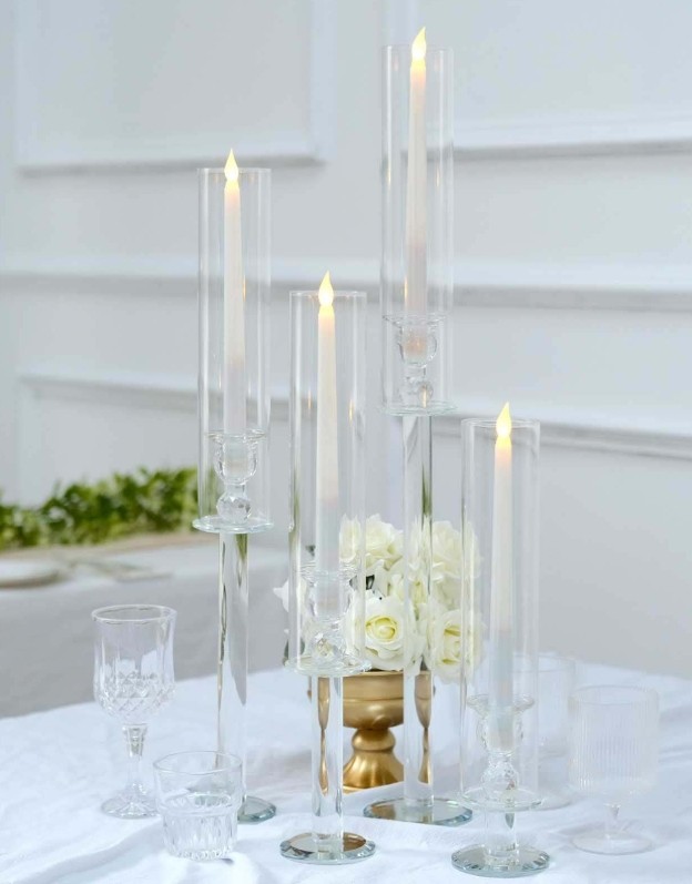 Set of 4 Crystal Glass Hurricane Taper Candle Holders, Clear Cylinder Chimney Tubes - Decorative Tall Candle Stands 14", 18", 22", 26"