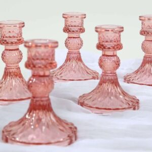 6-Pack Glass Taper Candlestick Holders 4" Diamond Pattern Design Dusty Rose