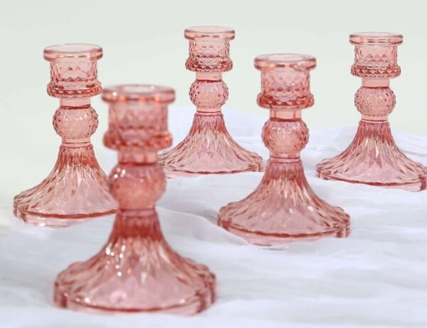 6-Pack Glass Taper Candlestick Holders 4" Diamond Pattern Design Dusty Rose