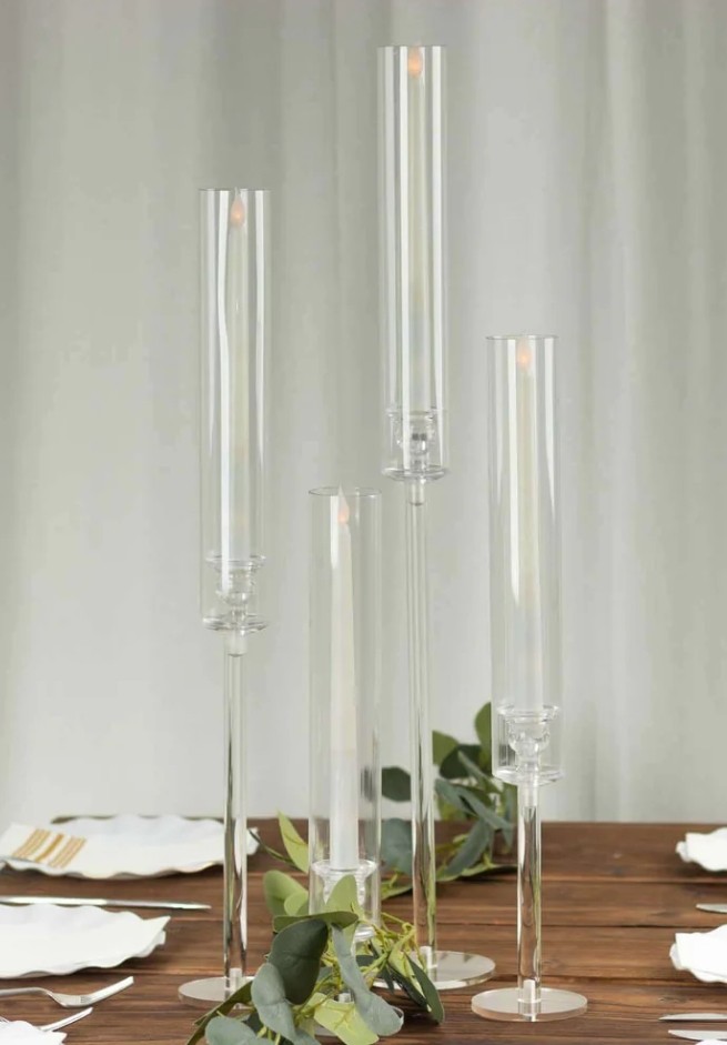 Set of 4 Acrylic Taper Candlestick Holders, Hurricane Candle Stands 14", 18", 22", 26"